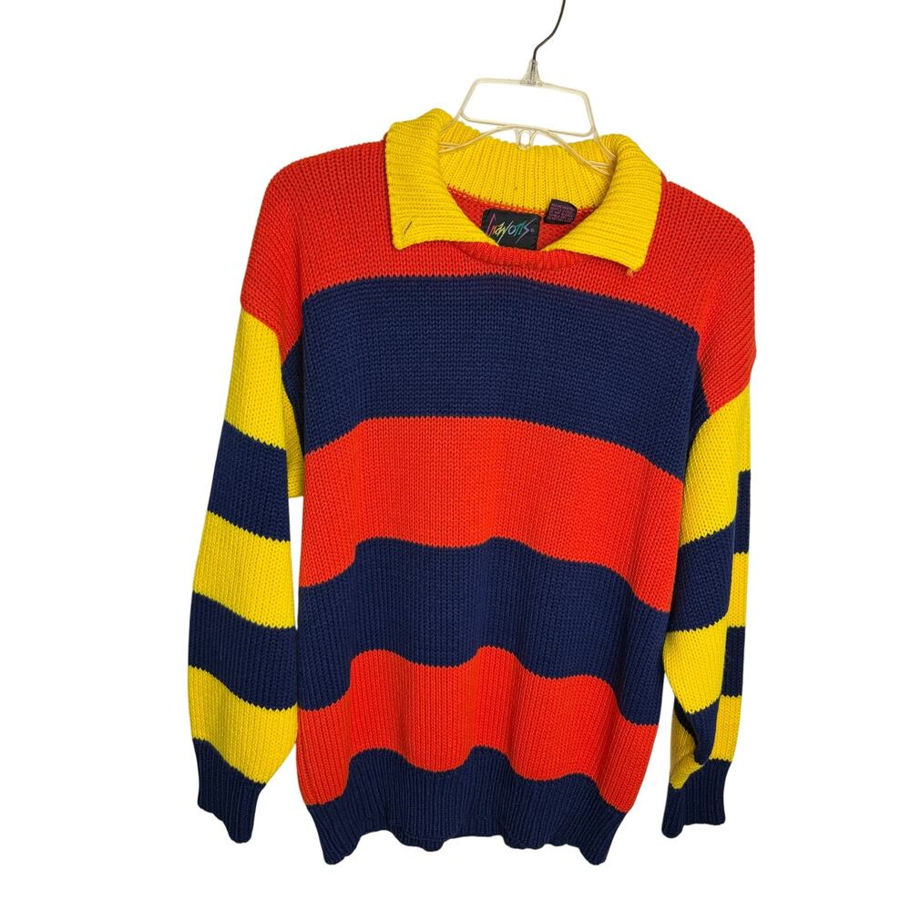 Vintage Crayons Colorblock Striped Sweater Size L Red Navy Yellow 100% Acrylic